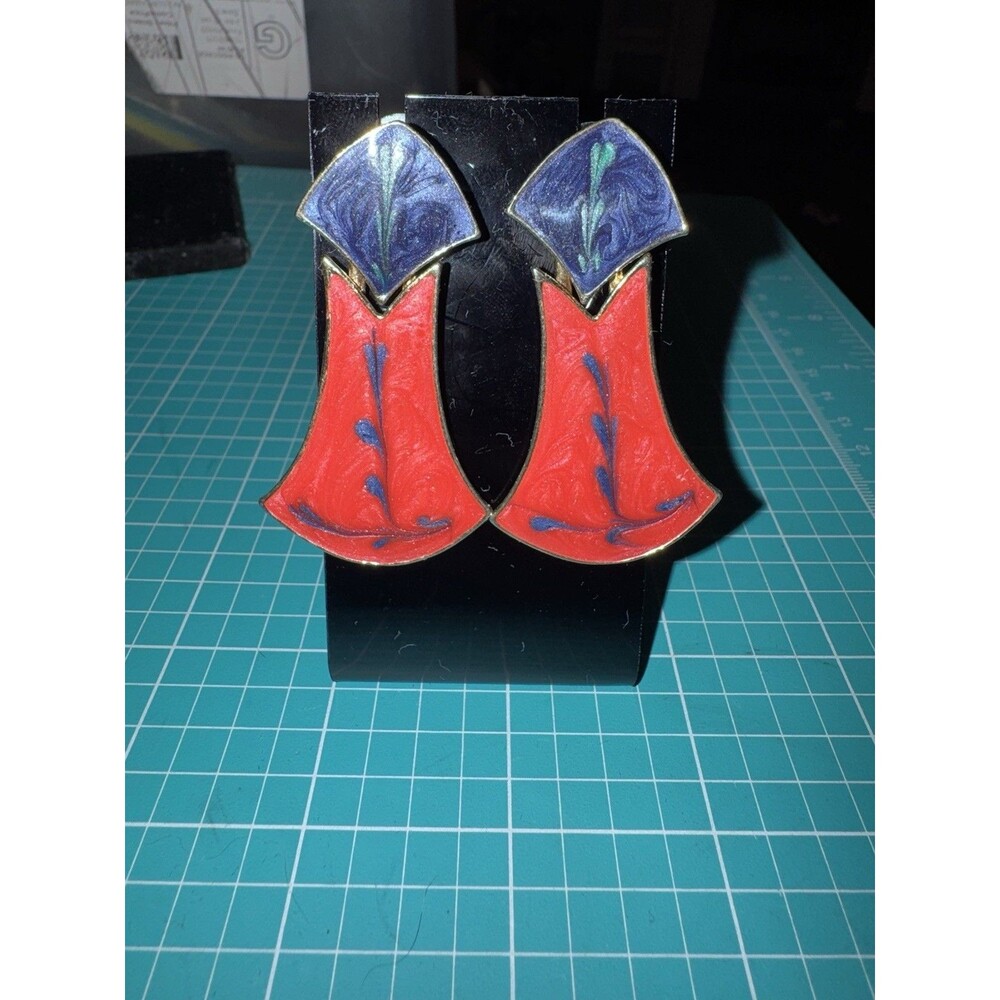 Vintage Signed M. Jent Red & Blue Enamel Earrings 80’s